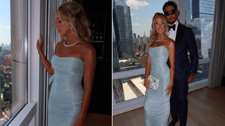 Split image of Brittany Mahomes looking out a window and posing with Patrick Mahomes in a blue dress.