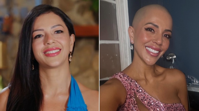 Split image of Jasmine Pineda with long hair and a shaved head