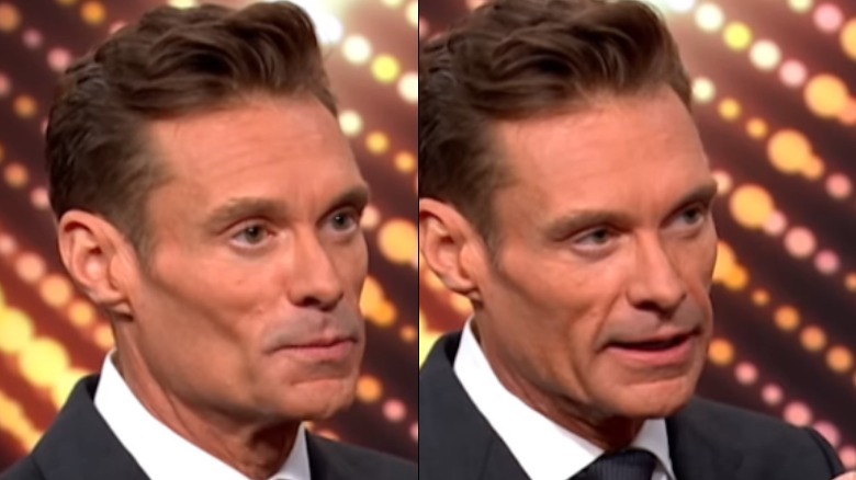 Split image of closeup of Ryan Seacrest's face as while he's hosting