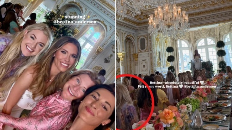Split image of Bettina Anderson posing with Erika Kirk and other bridal shower guests and speaking at the event.