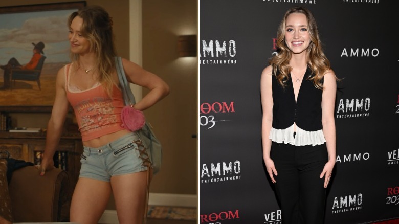 Split image of Francesca Xuereb in character on