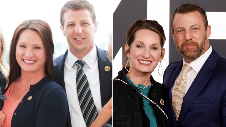 Split image of Christie and Markwayne Mullin posing in 2016 and 2026.