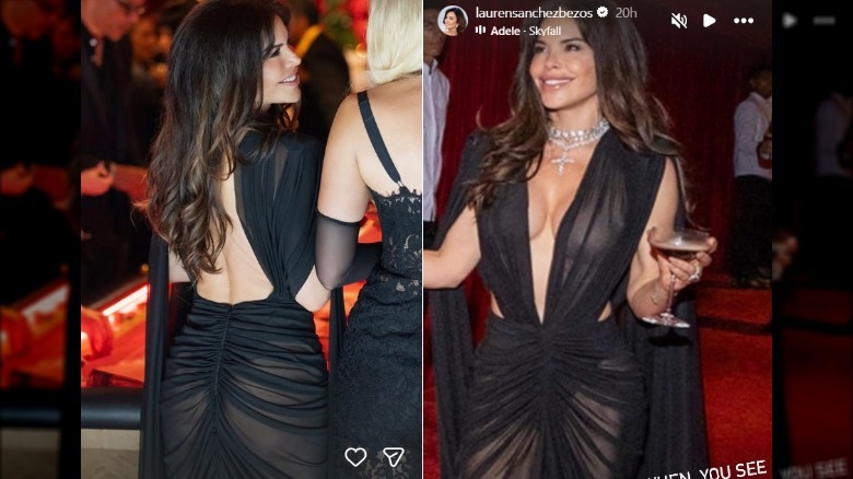 Split image of the back and front of the sheer black dress Lauren Sanchez wore at Kris Jenner's 70th birthday party
