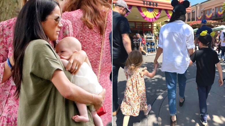 Side by side of Meghan holding newborn Archie and Archie walking alongside her