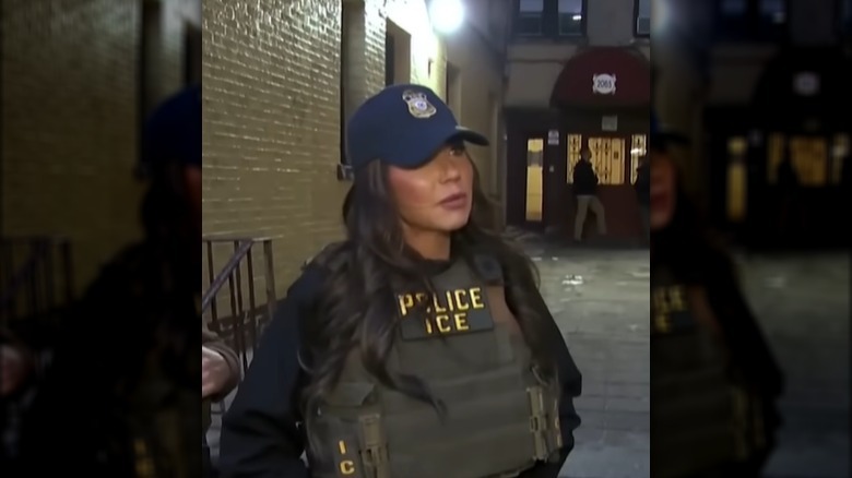 Kristi Noem speaking to a CBS reporter during an ICE raid in New York City.