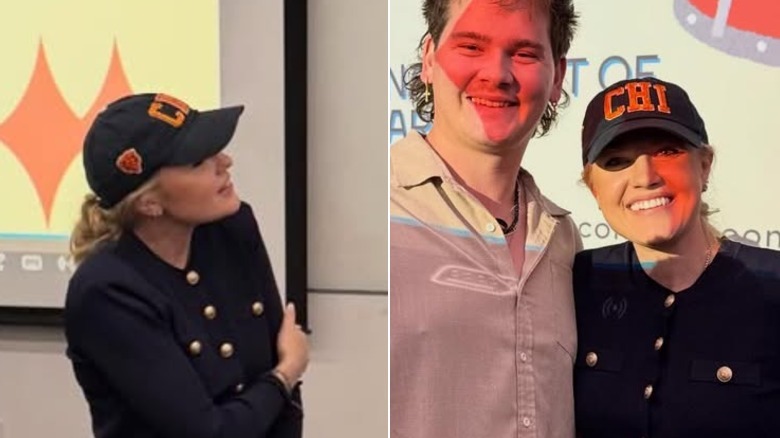 Erika Kirk wears a dark baseball cap and poses with a college student in a split image.