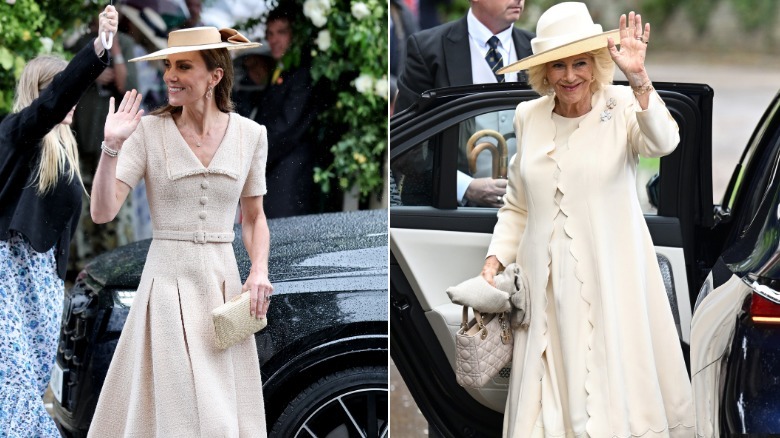 Split image of Princess Catherine and Queen Camilla waving in pale-colored dresses and hats.