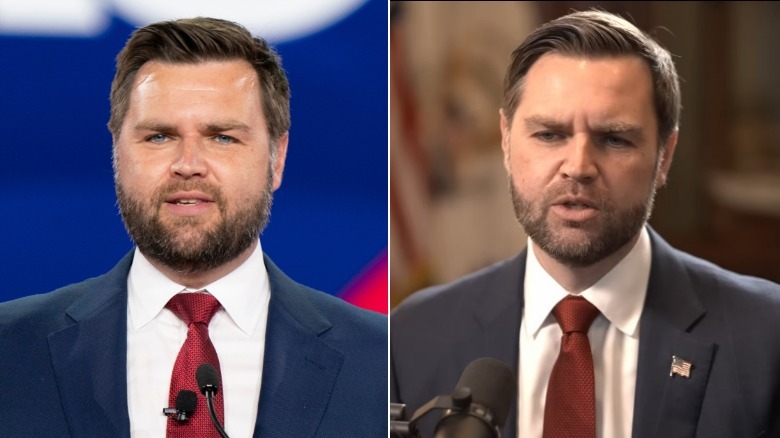 Split image of JD Vance smiling in 2022 and frowning in 2026.