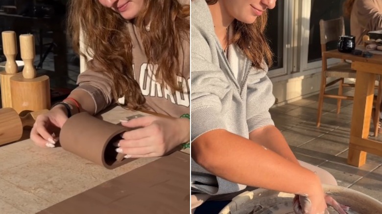 Split image of Emmie and Ella Gaines making pottery