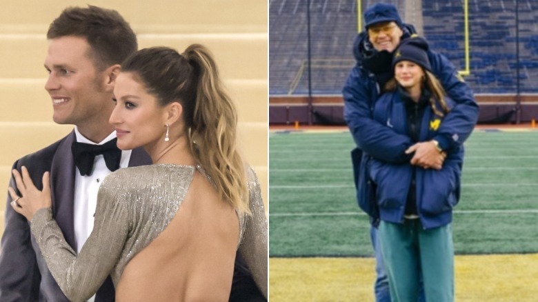 Tom Brady and Gisele Bündchen on the left and Tom Brady and his daughter in November 2025 on the right