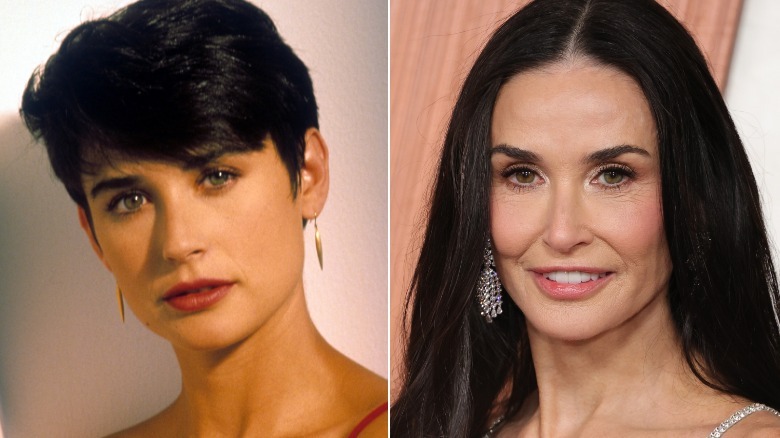 Split image of Demi Moore in 1990 with a pixie cut