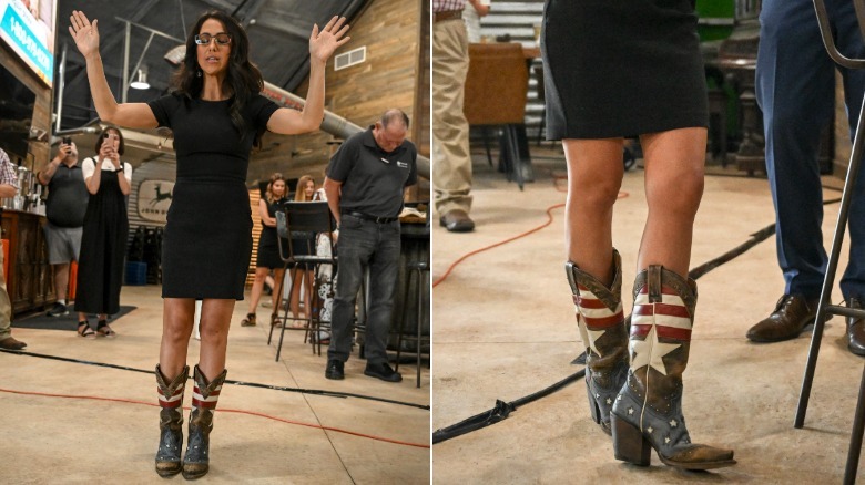 Lauren Boebert wearing American flag-inspired cowboy boots and black dress