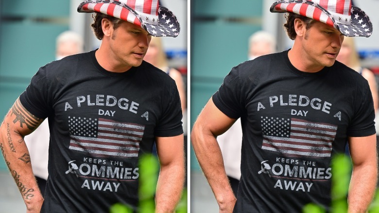 Pete Hegseth pictured with and without tattoos on his arm.