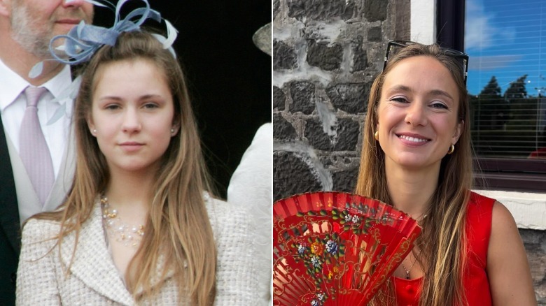 Split image of Lady Marina Windsor at the 2007 Trooping the Colour and holding a fan in 2025.