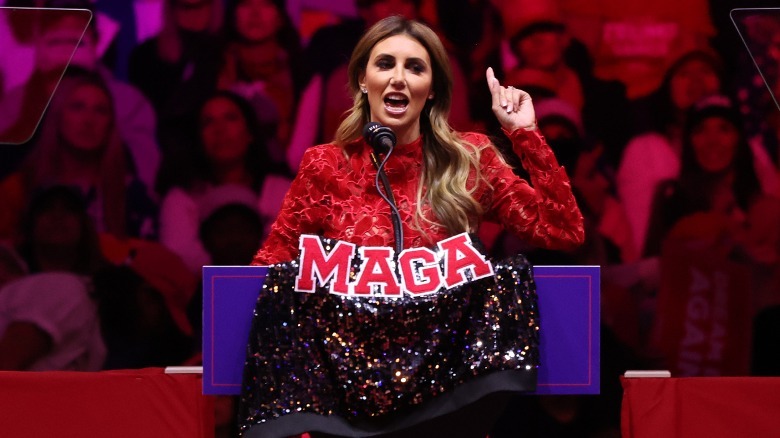 Alina Habba speaking at MSG with MAGA jacket