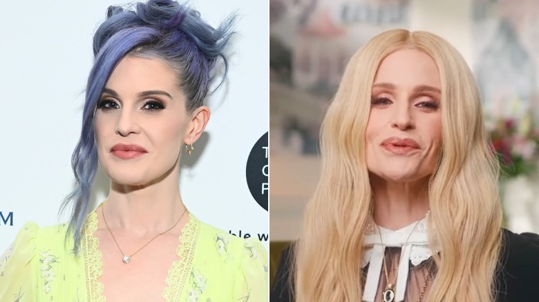 Split image of Kelly Osbourne in 2023 with purple hair in an updo and in 2026 with long blond hair.