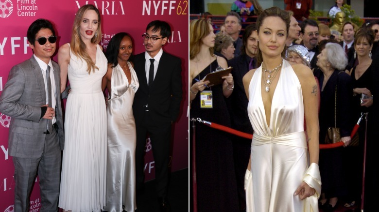 Split image of Angelina Jolie posing with her kids on the red carpet and at the 2004 Oscars
