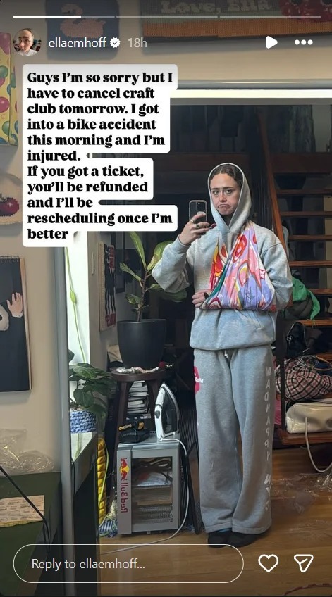 Ella Emhoff taking a photo of herself with arm in a sling